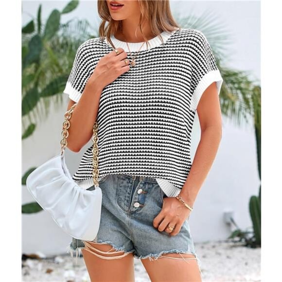 womens striped short sleeve knit sweater vest cap sleeve round neck top - Picture 5 of 7